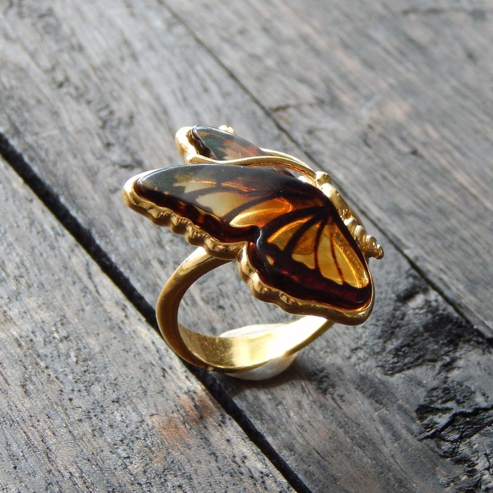Natural Baltic Amber 14K Gold Plated Adjustable Butterfly Ring - Picture 2 of 6